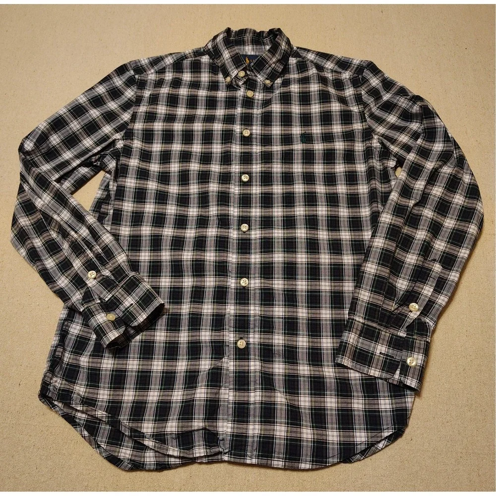 Ralph Lauren Kids Plaid Button Down Shirt‎ Navy Green White L 14-16 RN41381 K